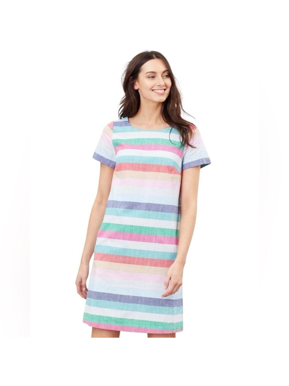 Joules Fifi Dress 10 Striped Multicolour Midi Lined Short Sleeve Button Detail